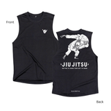 Black BJJLIFESTYLE sleeveless T-shirt featuring white skeleton grapplers and “JIU JITSU — Better to know than not to know” lettering.